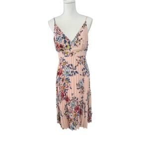 NWT Thirty Thirty Pink Floral Strappy V-Neck Pleats Zipper A-line Midi Dress XL